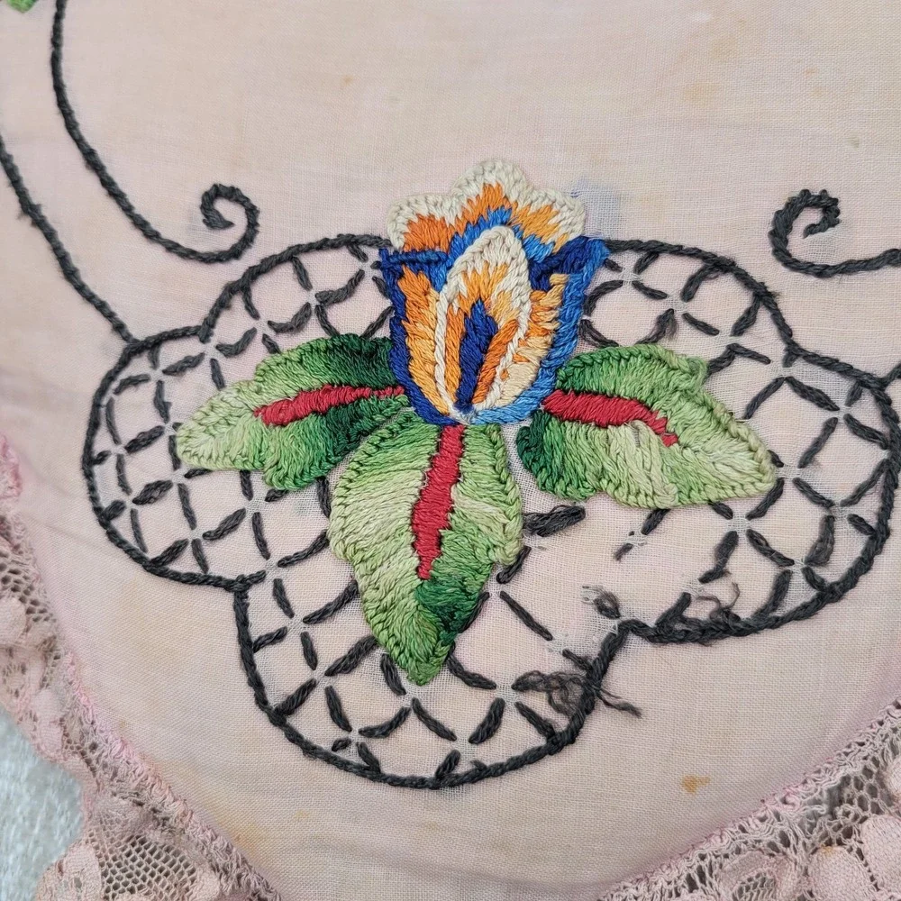 Vintage Embroidered Heart Shaped Pillow Lace 12x12 Shabby‎ Chic Cottagecore